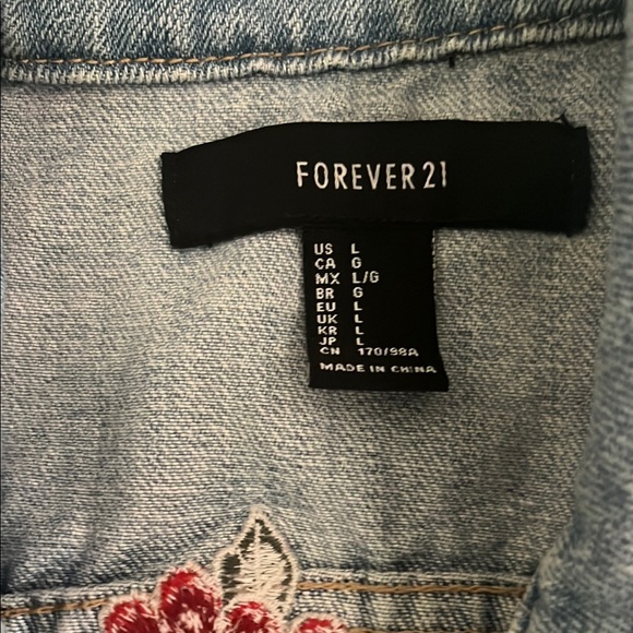 Forever 21 Light Blue Denim Jacket with Red Floral Embroidery - Picture 2 of 5